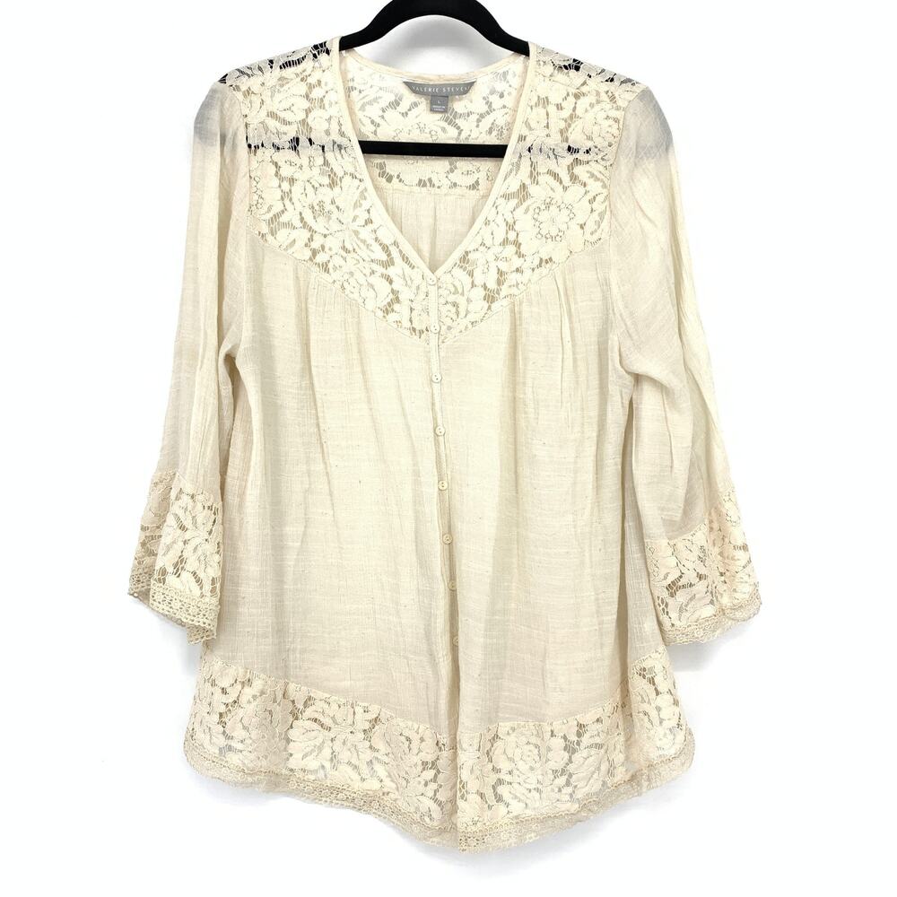 Valerie Stevens Boho Blouse Womens Size Large Button Front Lace Trim Cream
